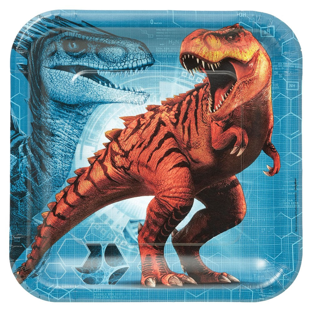 9-inch square blue paper plate with red and blue roaring dinosaurs and hexagonal pattern background.