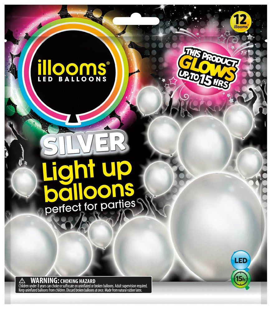 Silver round LED balloons with light-up feature, pack of 12, party decoration balloons.