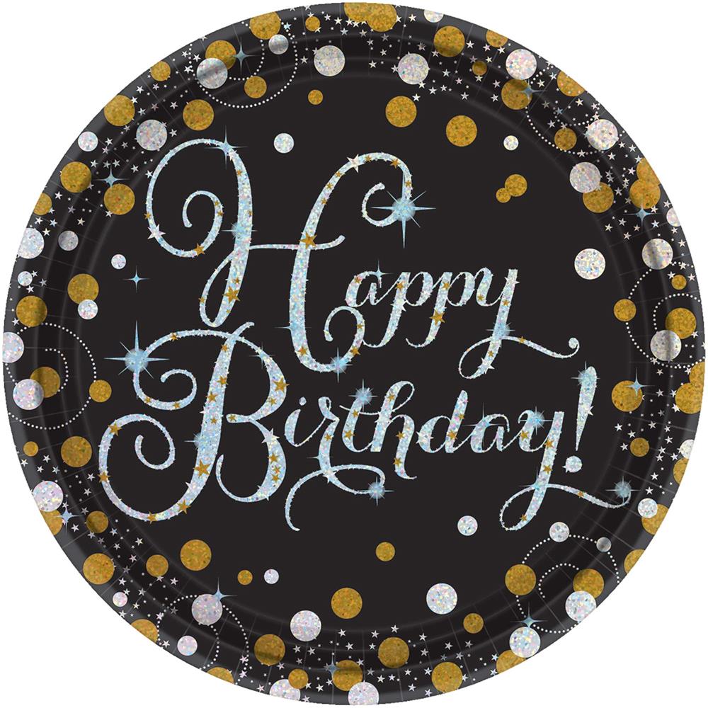 9-inch round black plate with "Happy Birthday" in silver glitter script and gold, silver confetti accents.