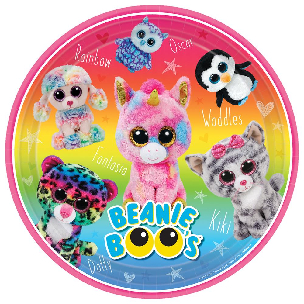 Round colorful paper plate featuring six Beanie Boos characters with big eyes on a rainbow background.