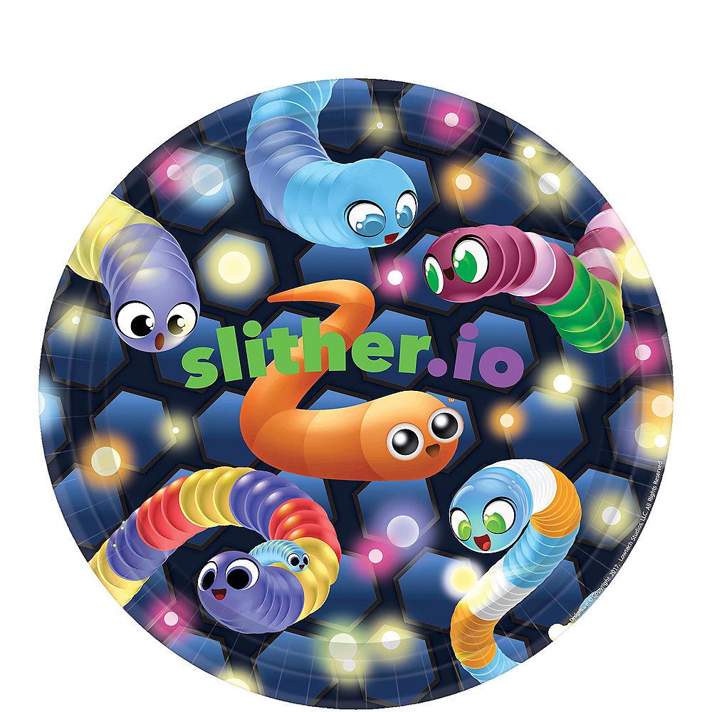 Round paper party plate with colorful cartoon snakes and glowing light bulbs on a dark background, featuring the Slither.