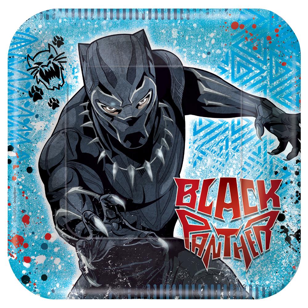 Square blue plate featuring Black Panther in action with red "Black Panther" text and tribal patterns.