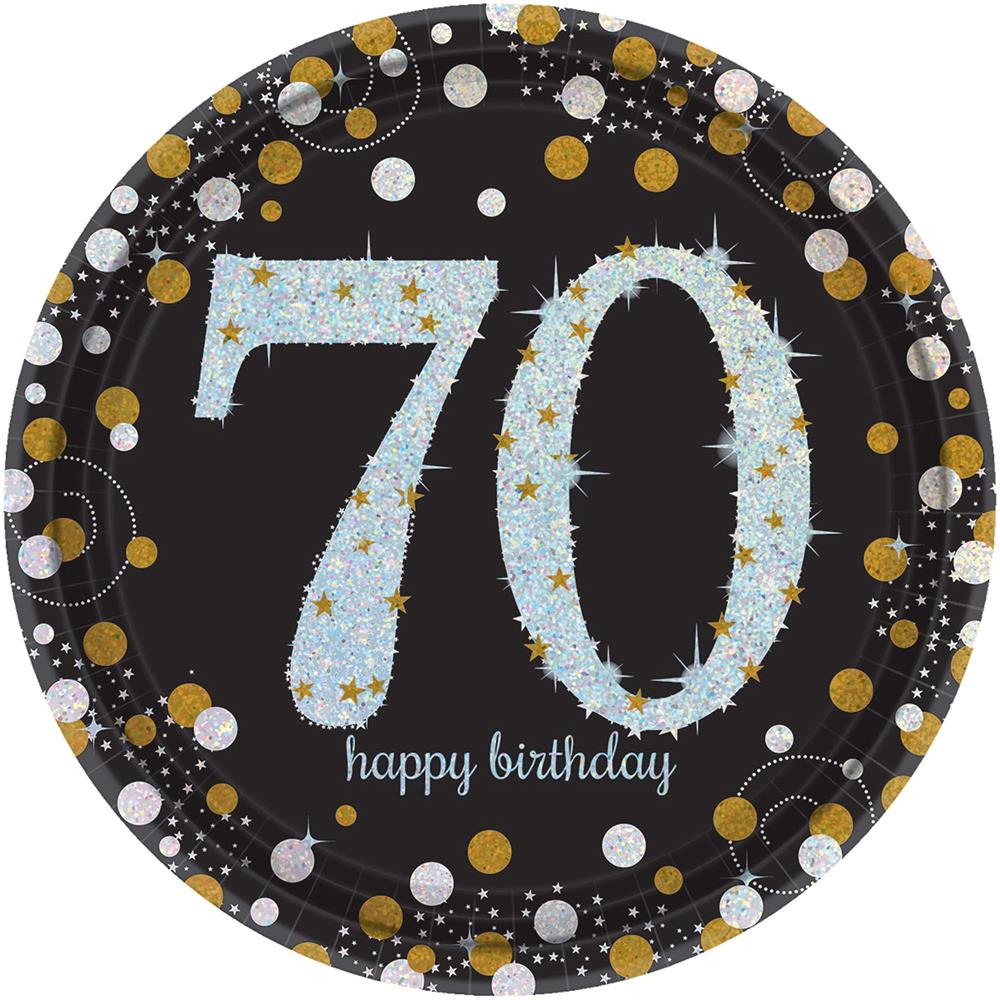 Black round 9-inch plate with large glittery silver "70" and "happy birthday" text surrounded by gold, silver, and white.