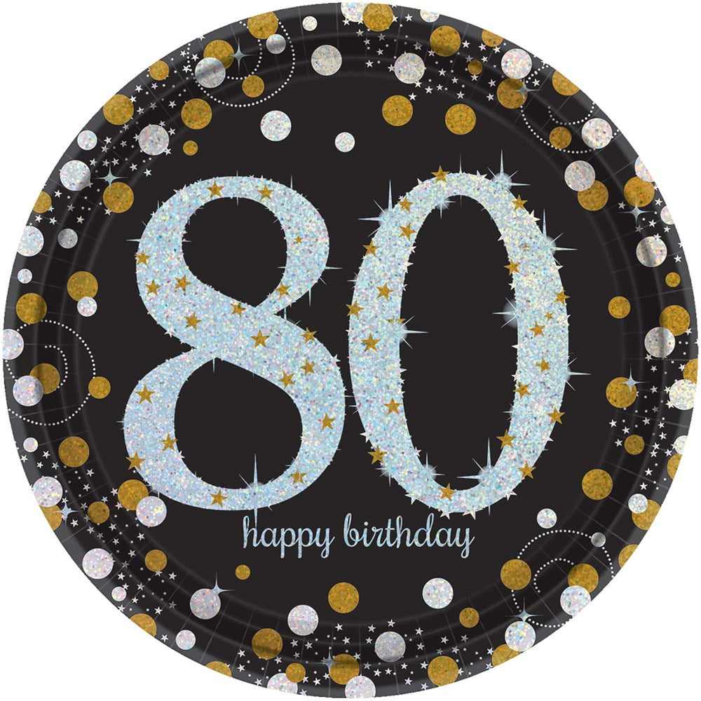 Black round plate with large glittery silver "80" and gold and silver confetti dots, "happy birthday" text below.