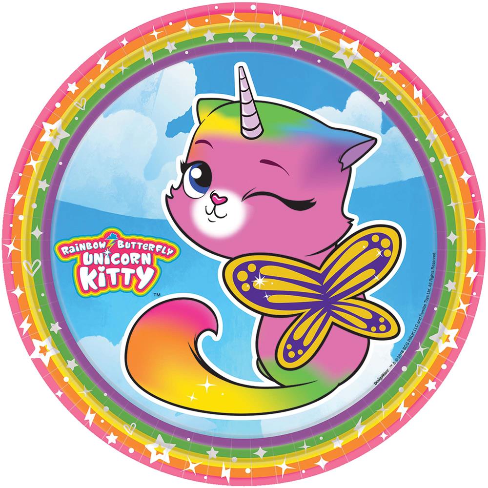 Round paper plate with a pink unicorn kitty winking, rainbow tail, yellow butterfly wings, and rainbow border with stars.