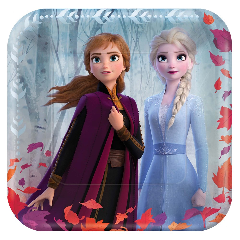 Square 9-inch plastic plate with rounded corners featuring Anna and Elsa from Frozen 2 against a forest background with.