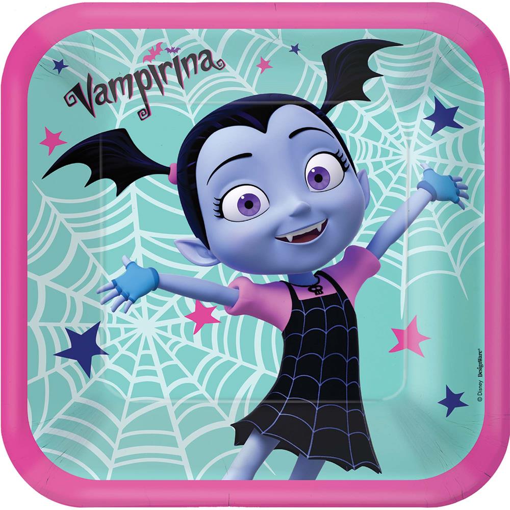 Square pink paper plate featuring animated purple-skinned girl with bat wings on teal spider web background.