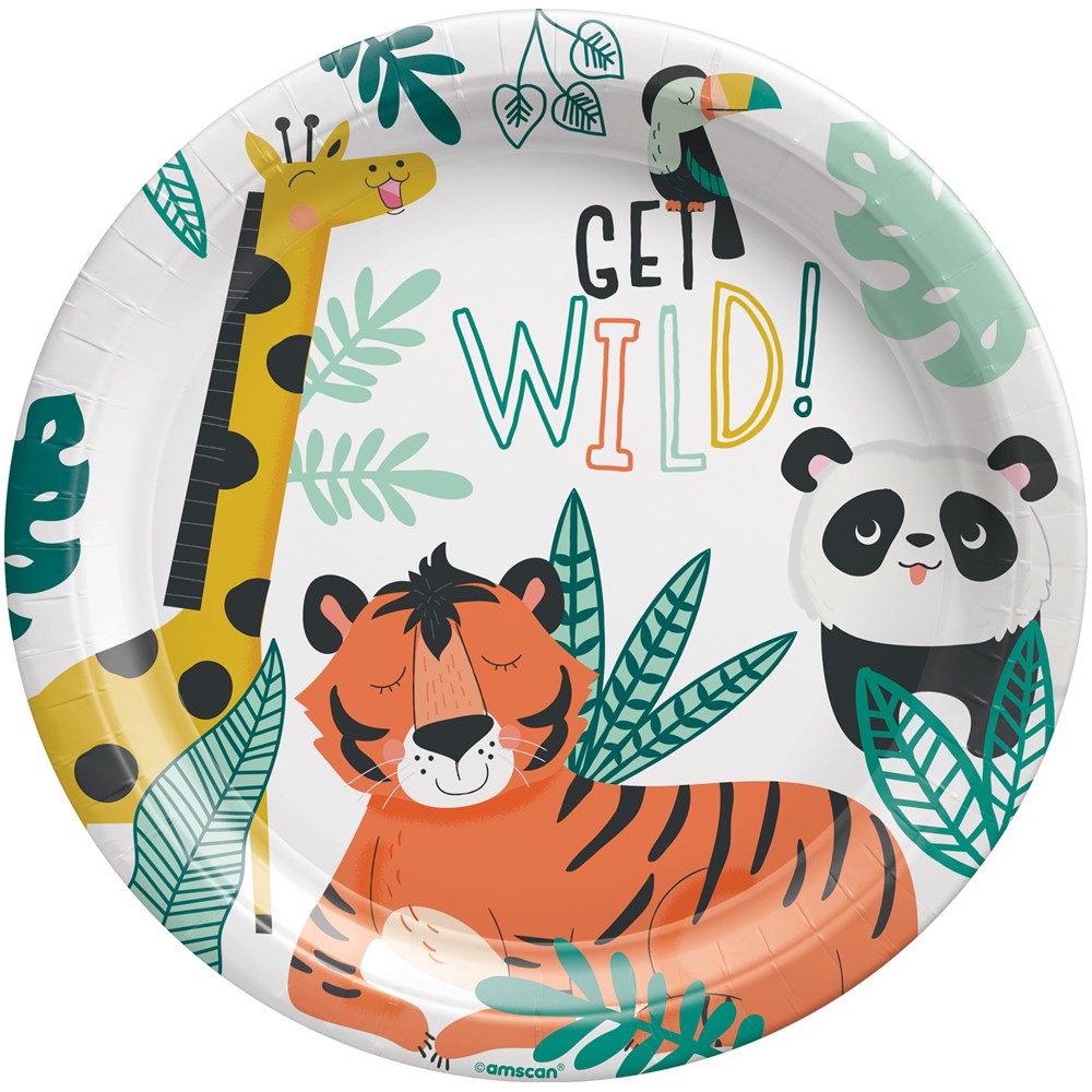 Round 9-inch paper plate with colorful cartoon tiger, giraffe, panda, and toucan surrounded by green leaves, "Get Wild!".