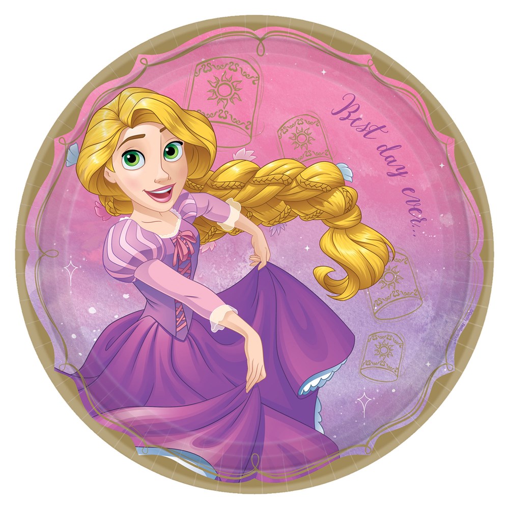 Round 9-inch paper plate with scalloped edges featuring Rapunzel in a purple dress on a pink and purple background with.
