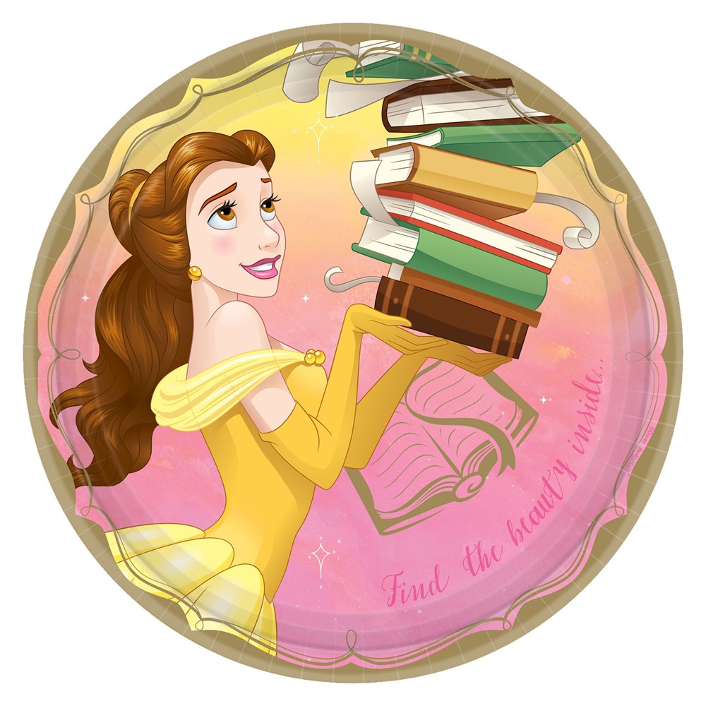 Round 9-inch paper plate featuring Belle in a yellow dress holding a stack of books on a pink and gold background.