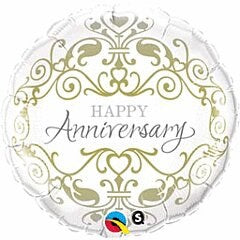 Round white foil balloon with gold ornate scrollwork and "Happy Anniversary" in elegant script.