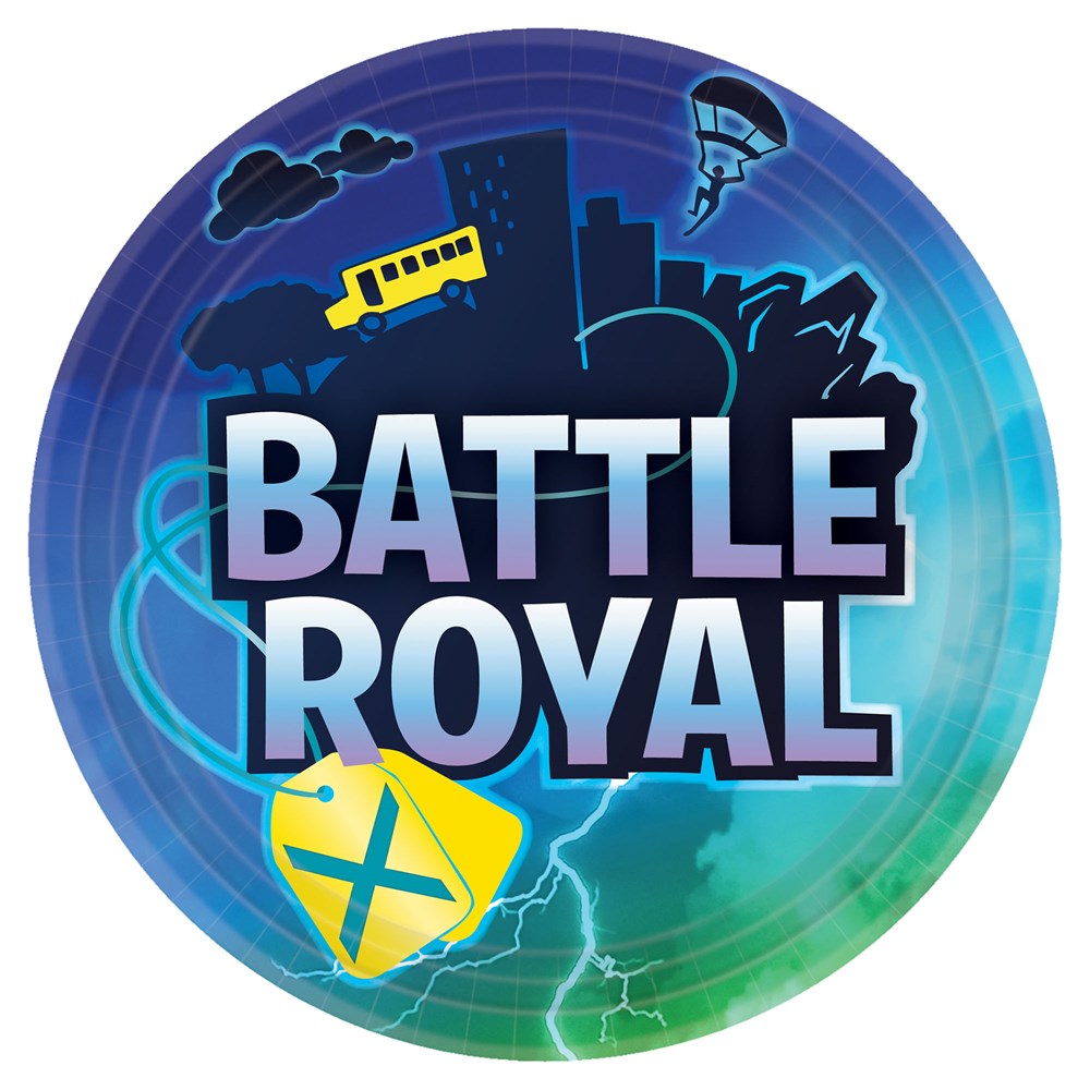 Round paper plate with blue and green gradient, city skyline, parachute, school bus, and "Battle Royal" text in bold letters.