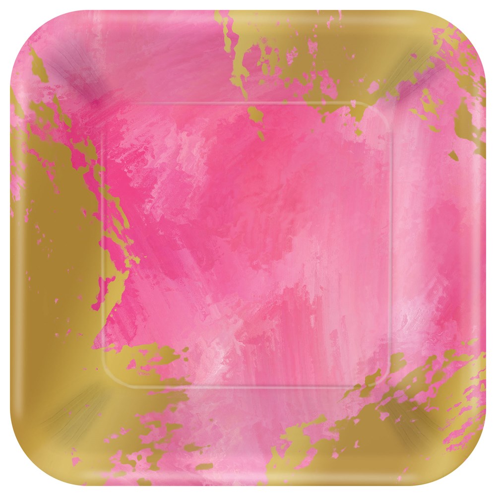 Square pink plate with gold metallic brushstroke accents, large size.