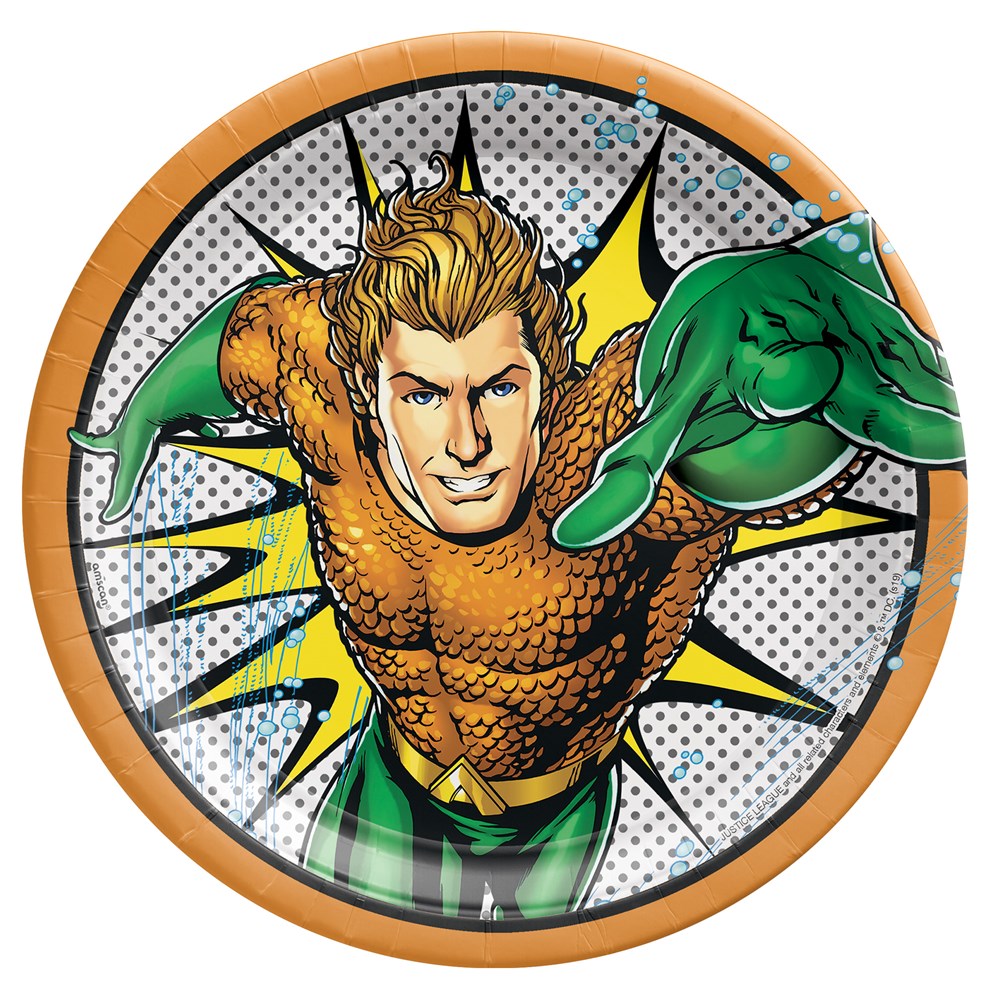 Round 9-inch paper plate featuring colorful Aquaman graphic with orange rim and comic-style background burst.