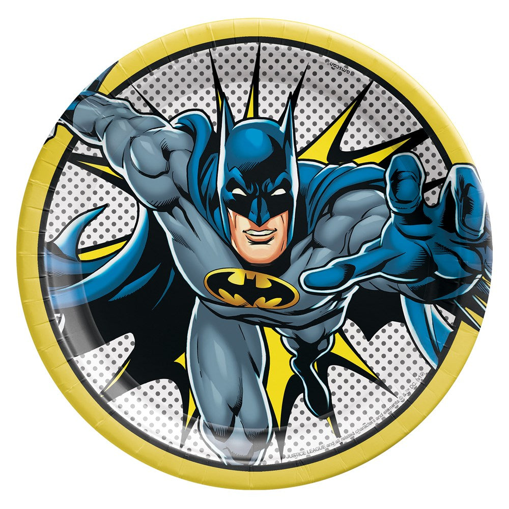 Round 9-inch paper plate with yellow rim featuring dynamic Batman in gray and blue costume against a comic-style background.
