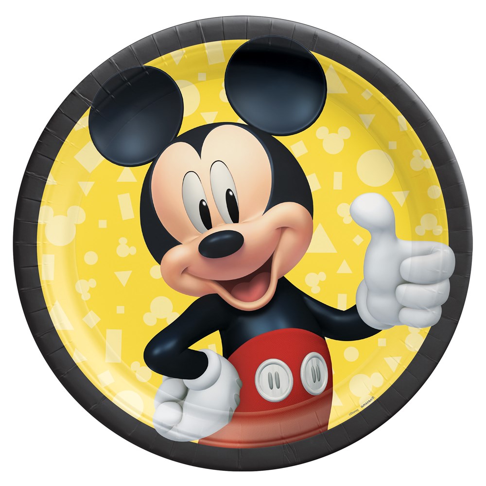 9-inch round paper plate with red and black Mickey Mouse on yellow background with subtle Mickey icons, black rim.