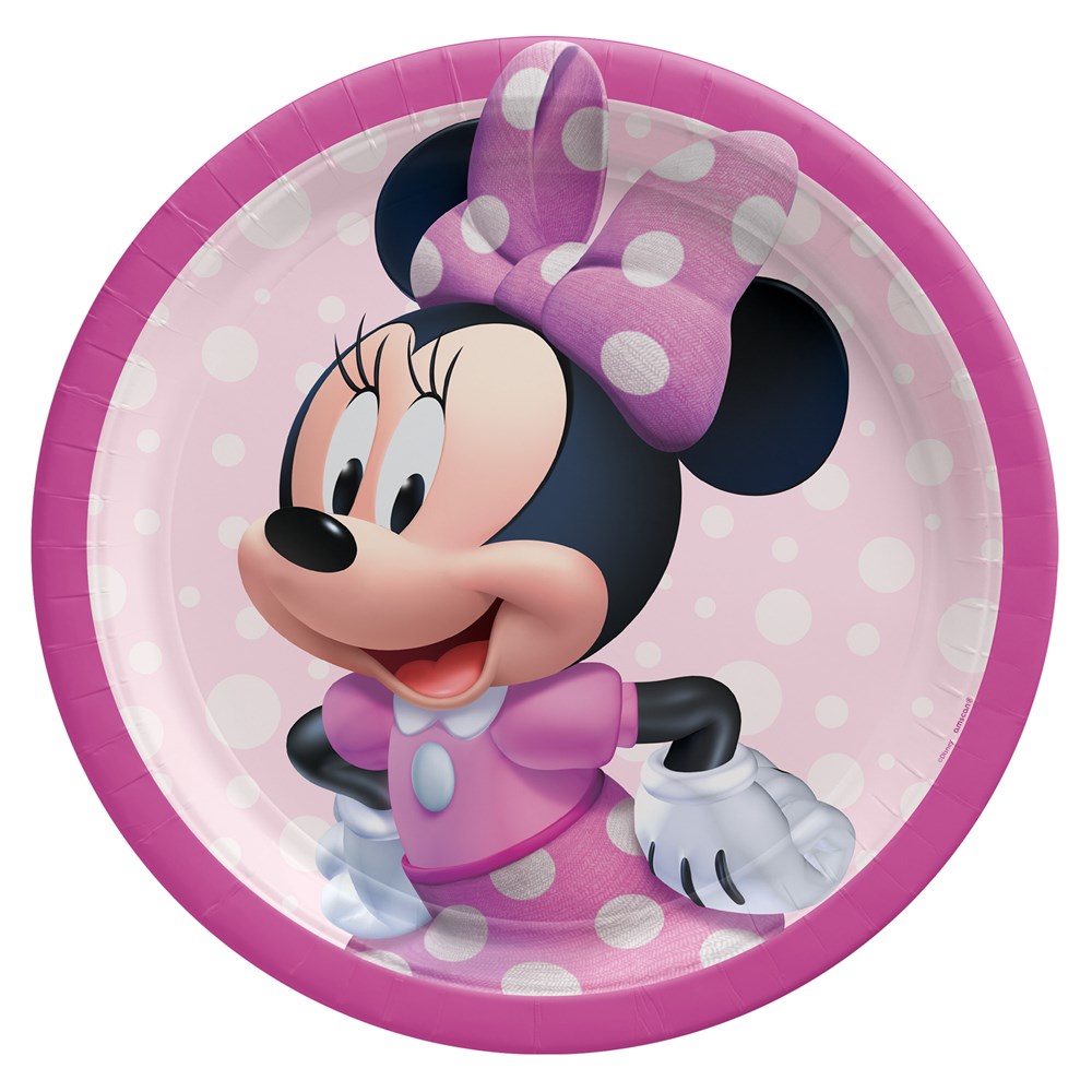 9-inch round pink paper plate with Minnie Mouse wearing a purple polka-dot bow and dress, white gloves, and a pink border.