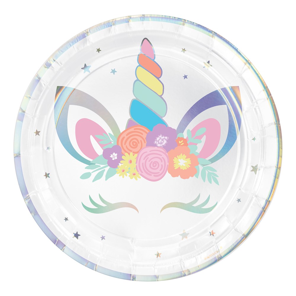 9-inch round iridescent paper plate with a pastel unicorn horn, ears, floral crown, and silver star accents.