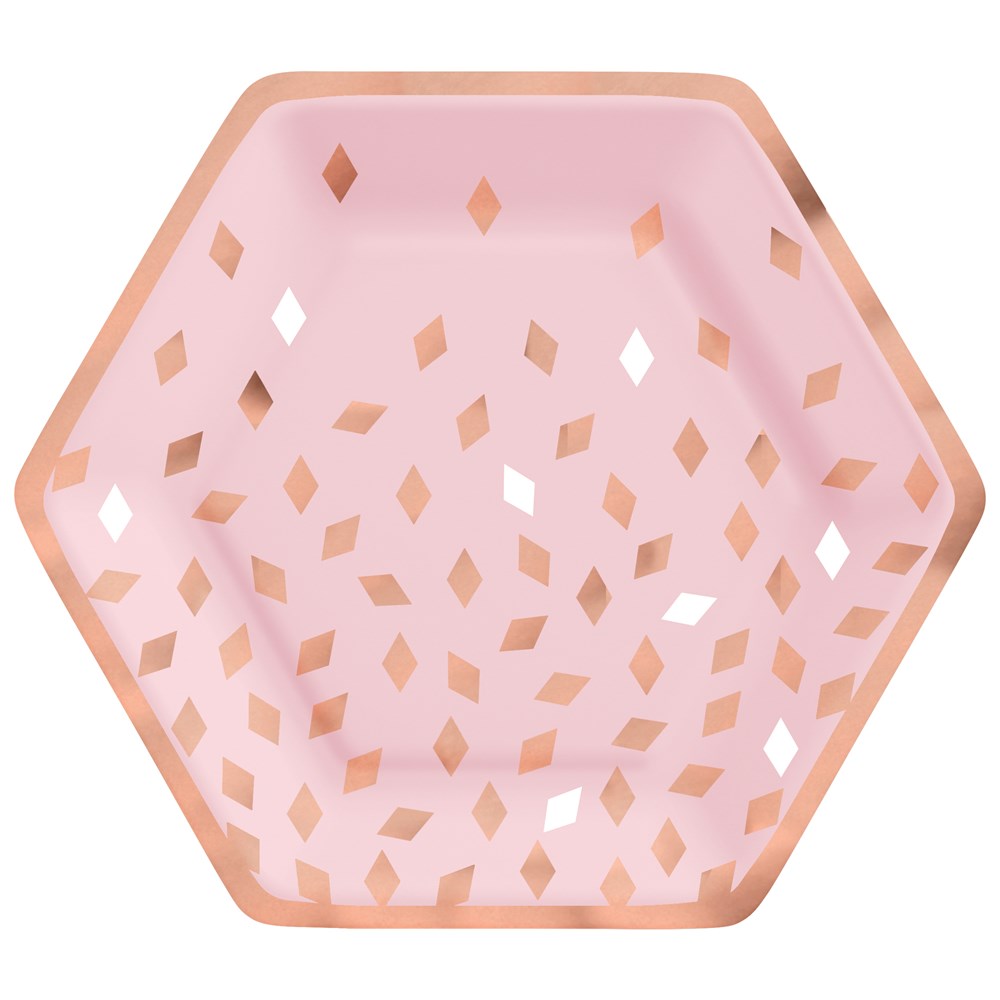 Blush pink hexagon paper plate with rose gold foil confetti pattern and border, 9-inch size.