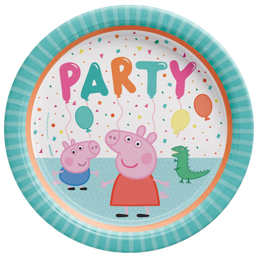 9-inch round paper party plate with teal striped rim, Peppa Pig and George, confetti, and colorful "PARTY" text.