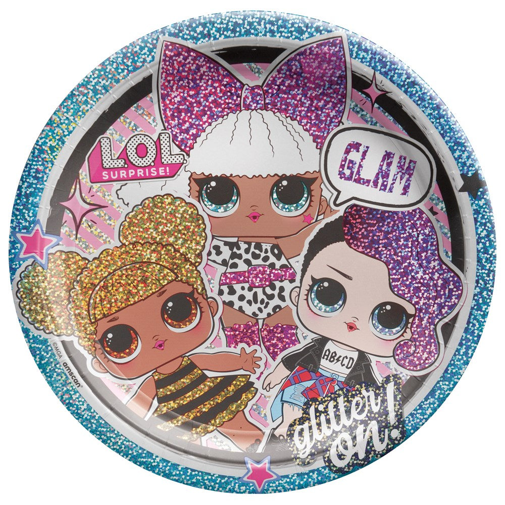 Round prismatic plates with glittery blue edges featuring three LOL Surprise dolls and text "Glam" and "Fairy On".