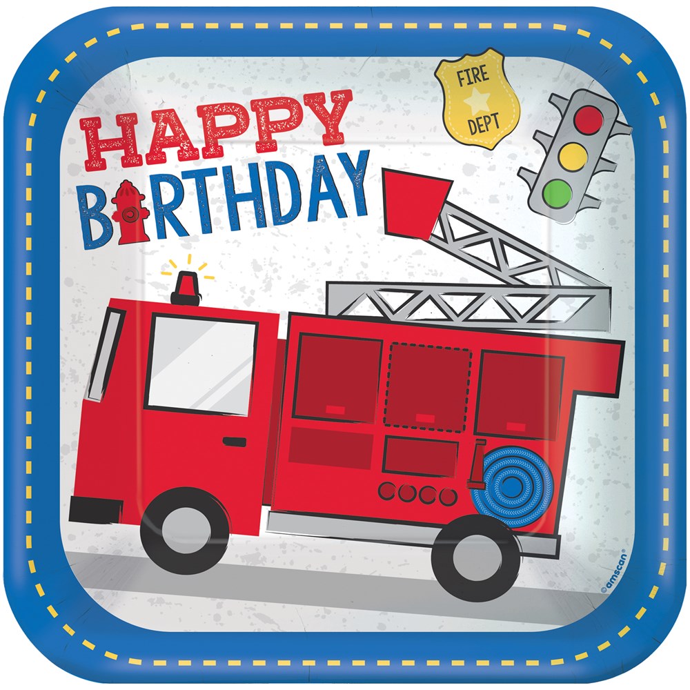 Square blue paper plate with a red fire truck, "Happy Birthday" text, fire department badge, and traffic light design.