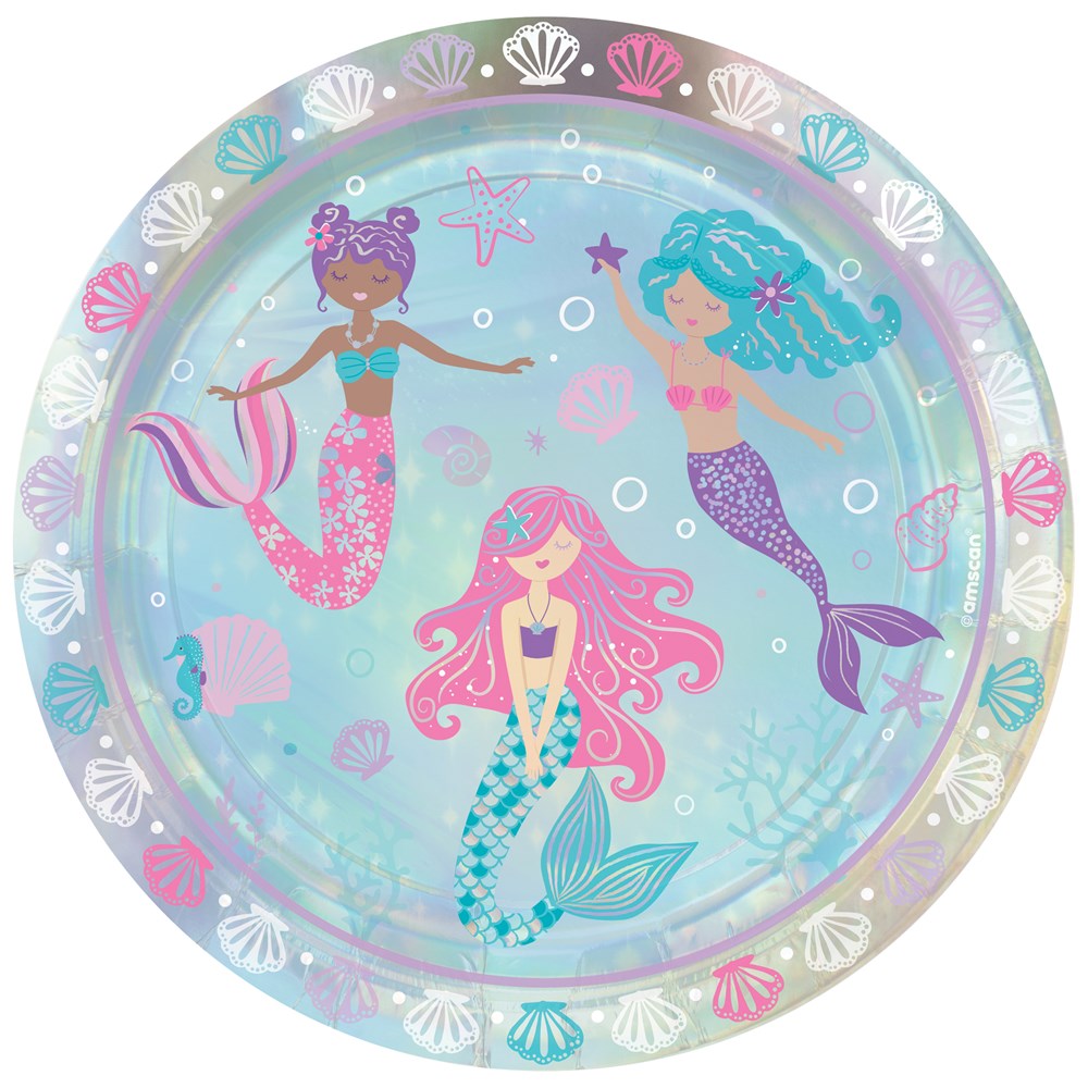 Round 9-inch iridescent plate with three colorful mermaids and sea-themed accents in pinks, blues, and purples.