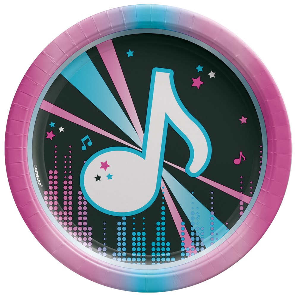9-inch round paper plate with pink rim, black center, large white music note, and blue and pink star and soundwave accents.