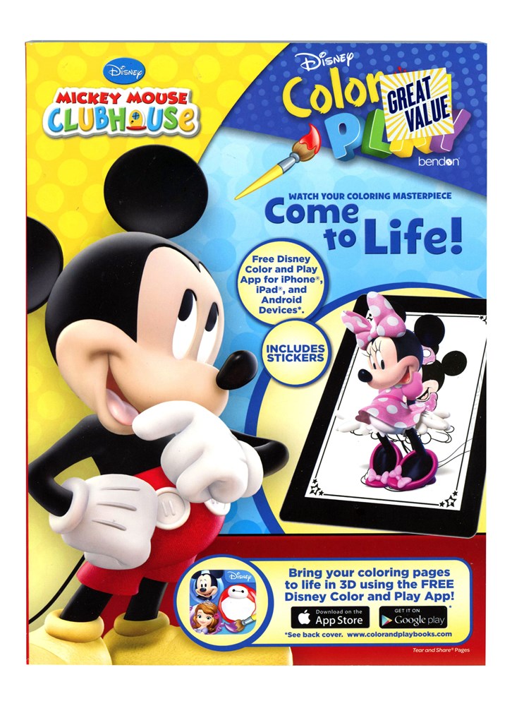 Disney Mickey Mouse Clubhouse coloring book with bright yellow and blue cover, featuring large Mickey Mouse illustration and