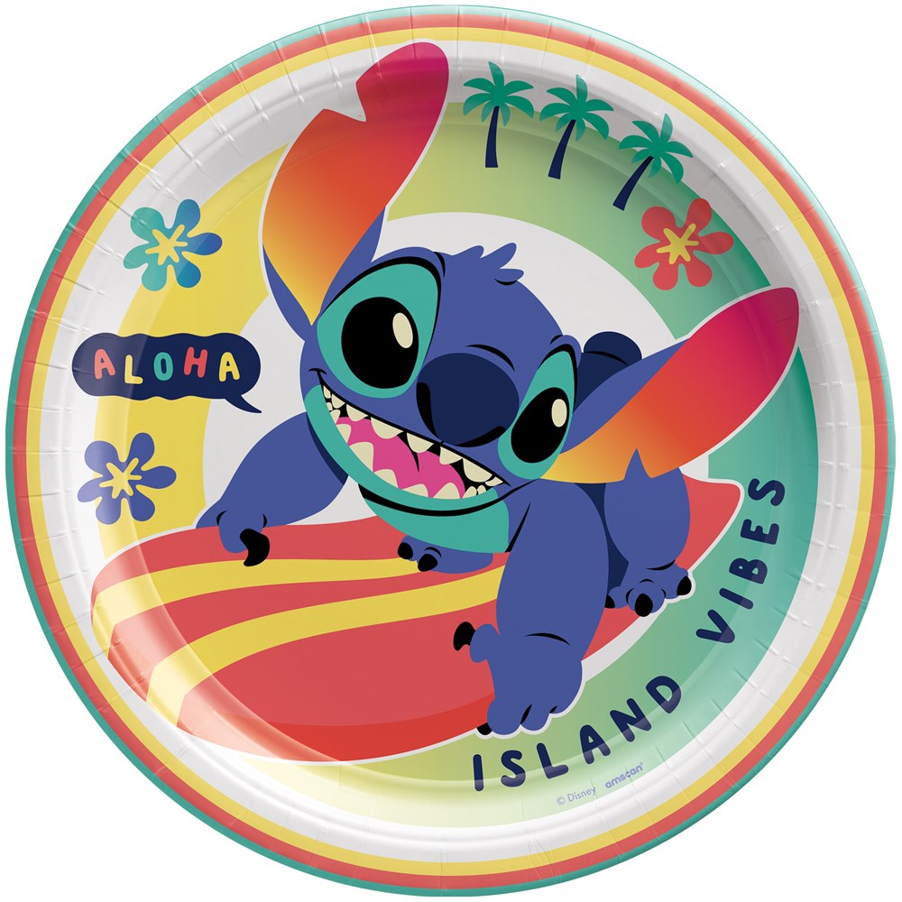 Round plastic plate featuring blue Stitch surfing on colorful waves with tropical flowers, palm trees, and text "Aloha" and.