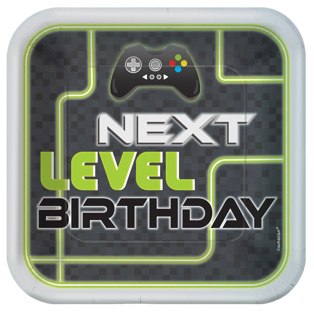 9-inch square paper plate with gray pixelated background, neon green grid lines, black game controller icon, and "Next Level