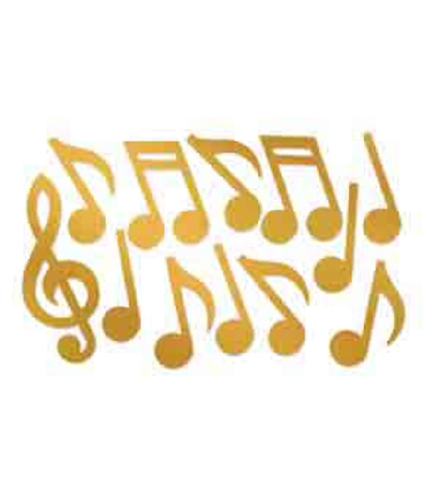Gold foil musical notes and treble clef silhouettes in various shapes and sizes.