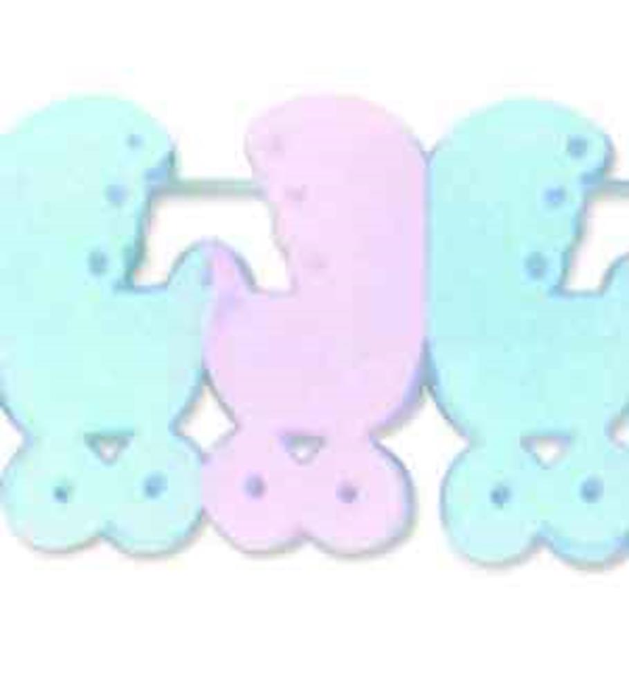 Blue and pink baby buggy-shaped paper garland with heart cutout details.