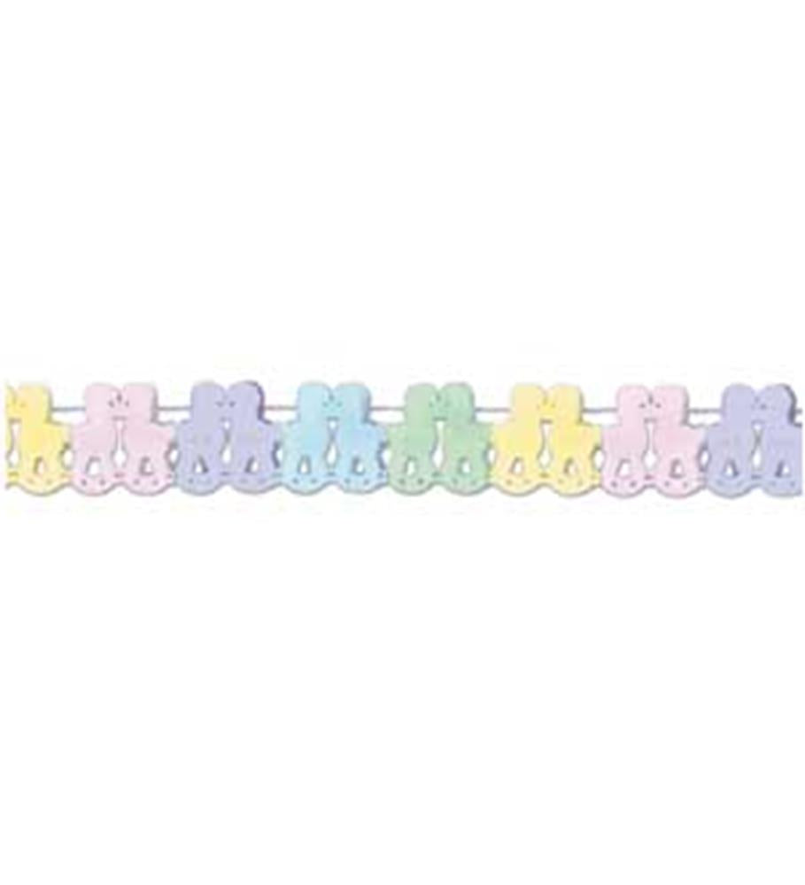 Pastel rocking horse garland with alternating colors in pink, purple, blue, green, and yellow, strung on white string.