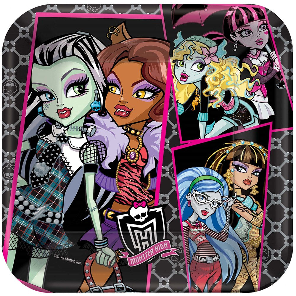 Square black plate with colorful Monster High characters and pink accents, set of 8.