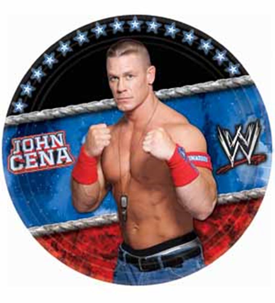 Round paper plate featuring wrestler John Cena with a blue, red, and black background and WWE logo.