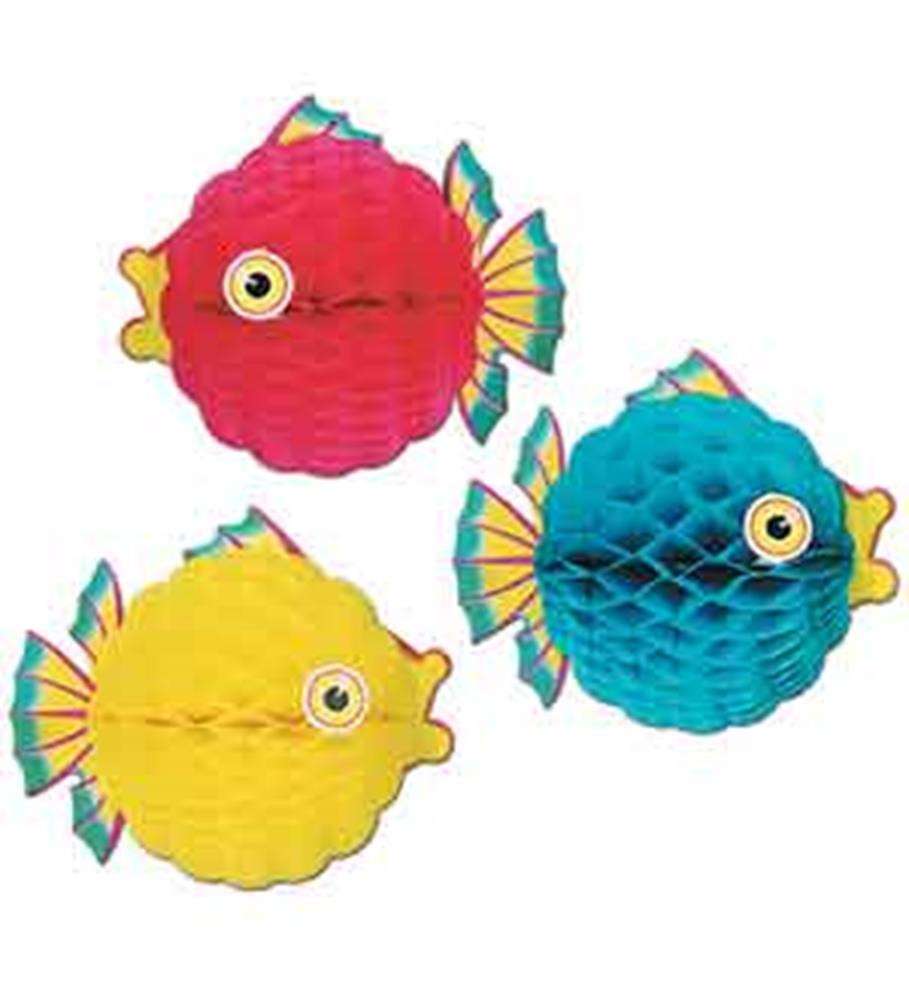 Three colorful honeycomb paper fish decorations in red, blue, and yellow with detailed fins and large cartoon eyes.