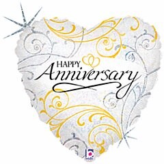 White heart-shaped foil balloon with silver and gold filigree swirls and "Happy Anniversary" script text.