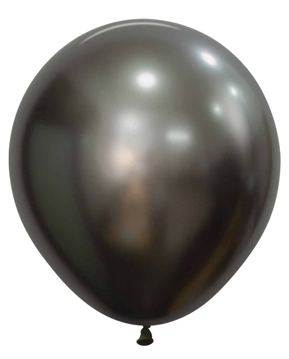 Glossy midnight grey 18-inch round latex balloon with a silk finish and knotted end.