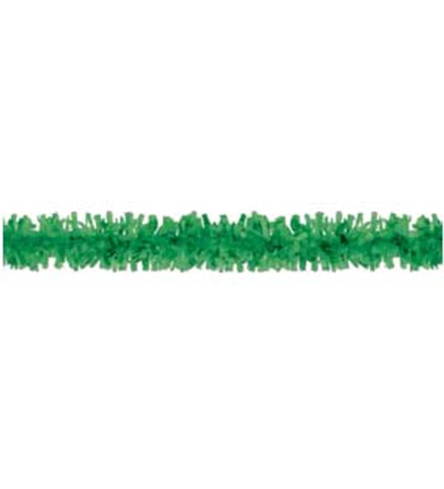 Green plastic festooning garland with short, dense fringe strands, 25 feet long.