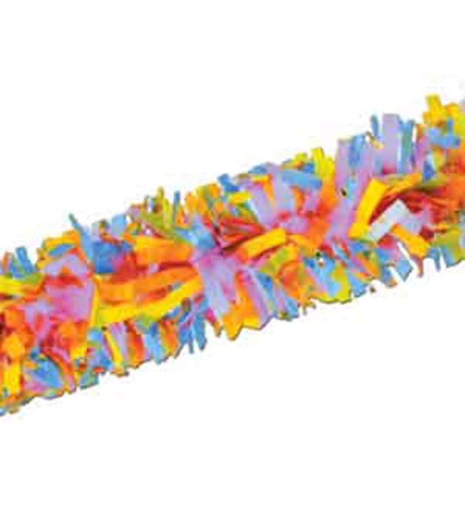 25ft multi-color festooning garland with layered pink, blue, yellow, and orange fringes.