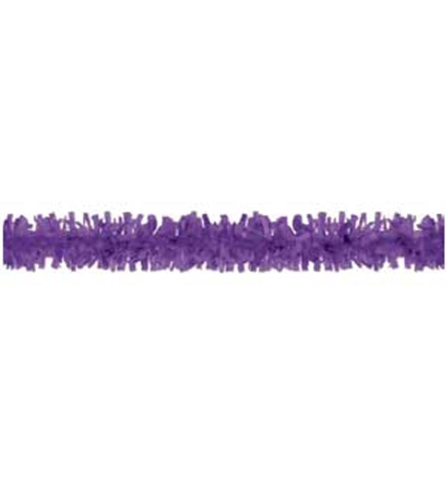 25ft long purple plastic festooning garland with fringed texture for party decoration.