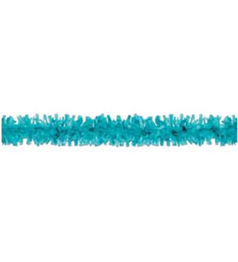 Turquoise blue plastic festooning garland with fringed texture for party decoration, 25 feet long.