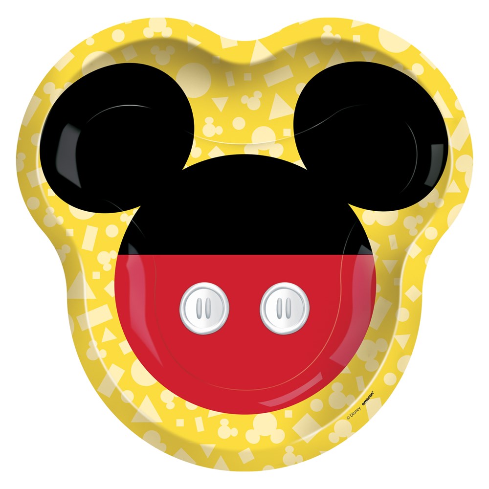 Mickey Mouse-shaped paper plate with yellow border featuring white Mickey icons and a red and black center resembling.