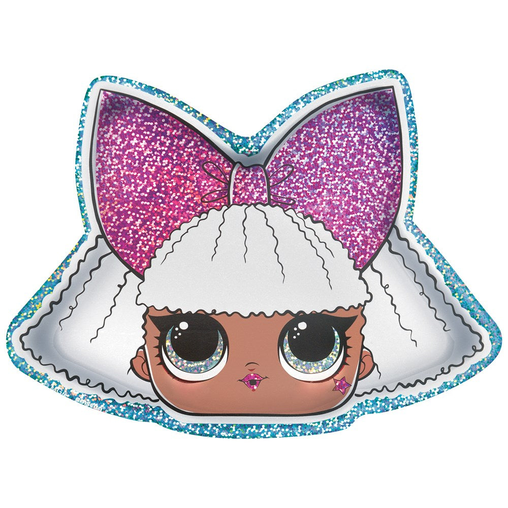 Prismatic 7-inch plate shaped like LOL doll head with white hair, large pink glitter bow, and blue glitter border.