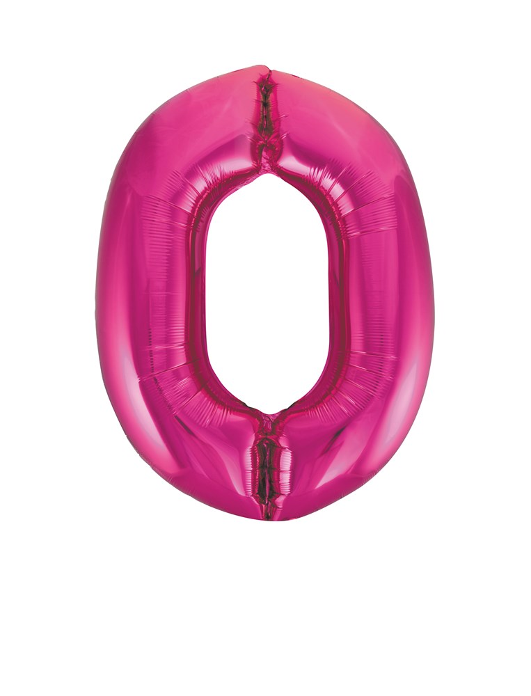 34-inch shiny pink foil balloon shaped as the number 0 with a smooth metallic finish.