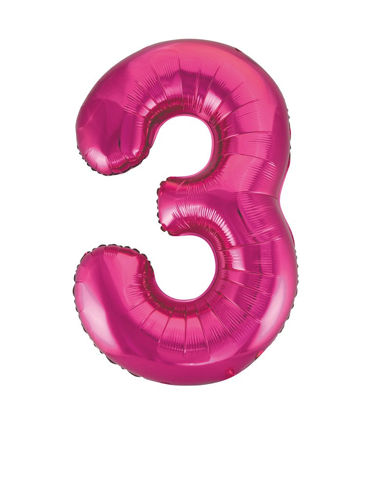 Large pink metallic foil balloon shaped as the number 3, 34 inches tall.