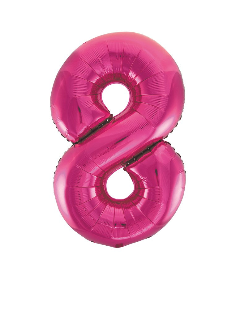 34-inch shiny pink foil balloon shaped as the number 8 with reflective surface.