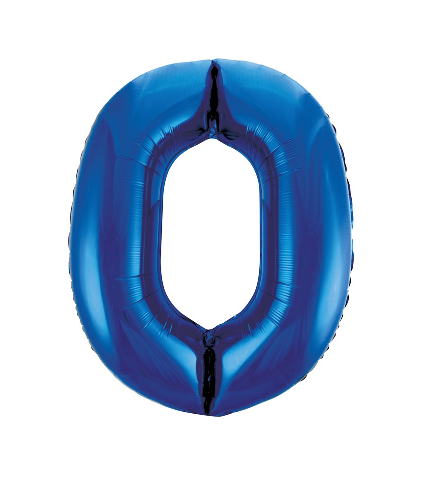 34-inch blue foil balloon shaped as the number 0 with a glossy finish.