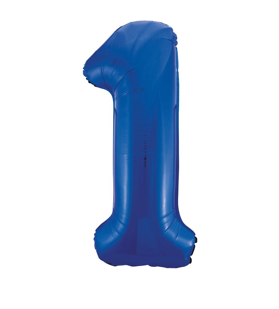 34-inch jumbo foil balloon shaped as number 1 in metallic blue.